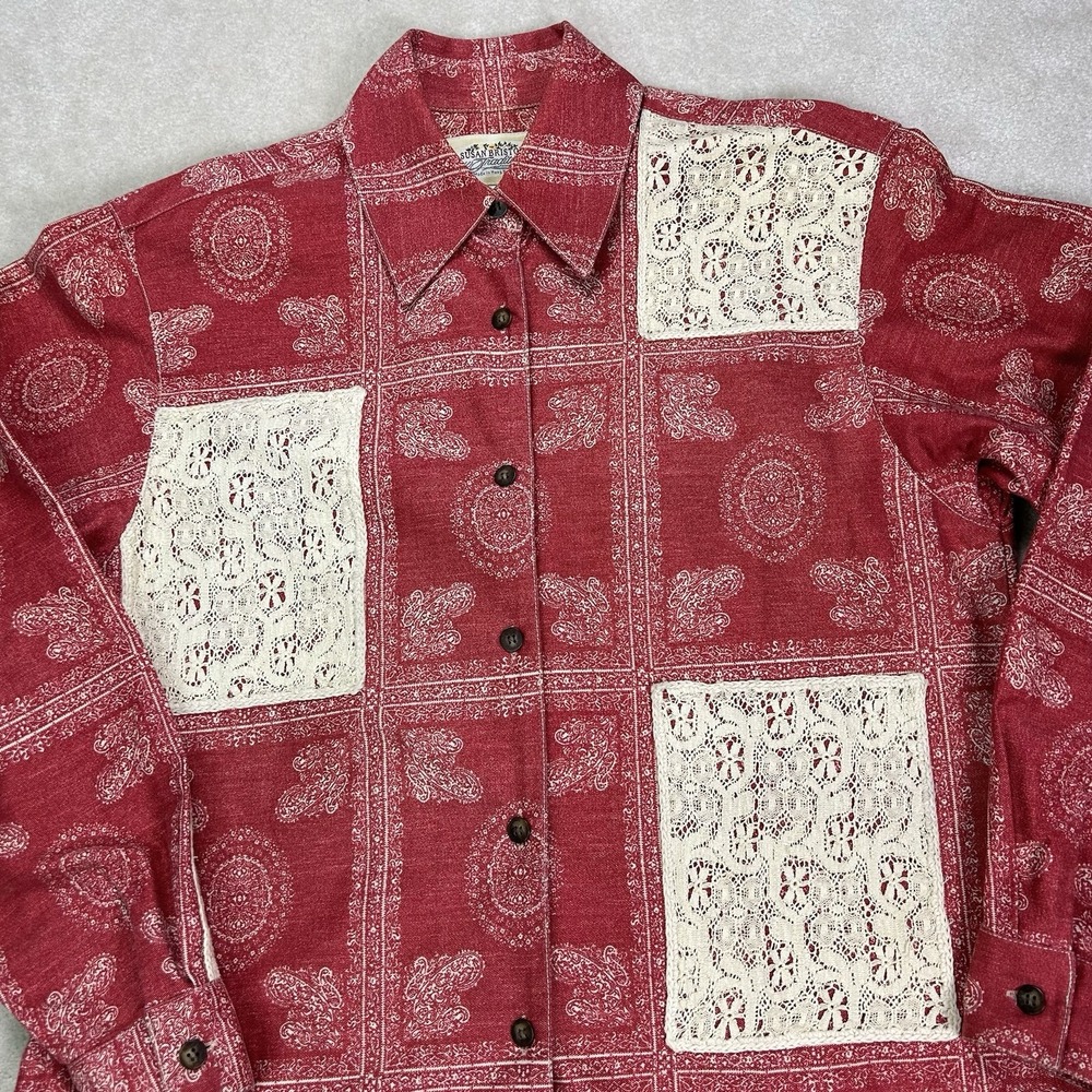 Vintage 90s Susan Bristol Shirt Women's 8 Bandana Patchwork Top Cottagecore